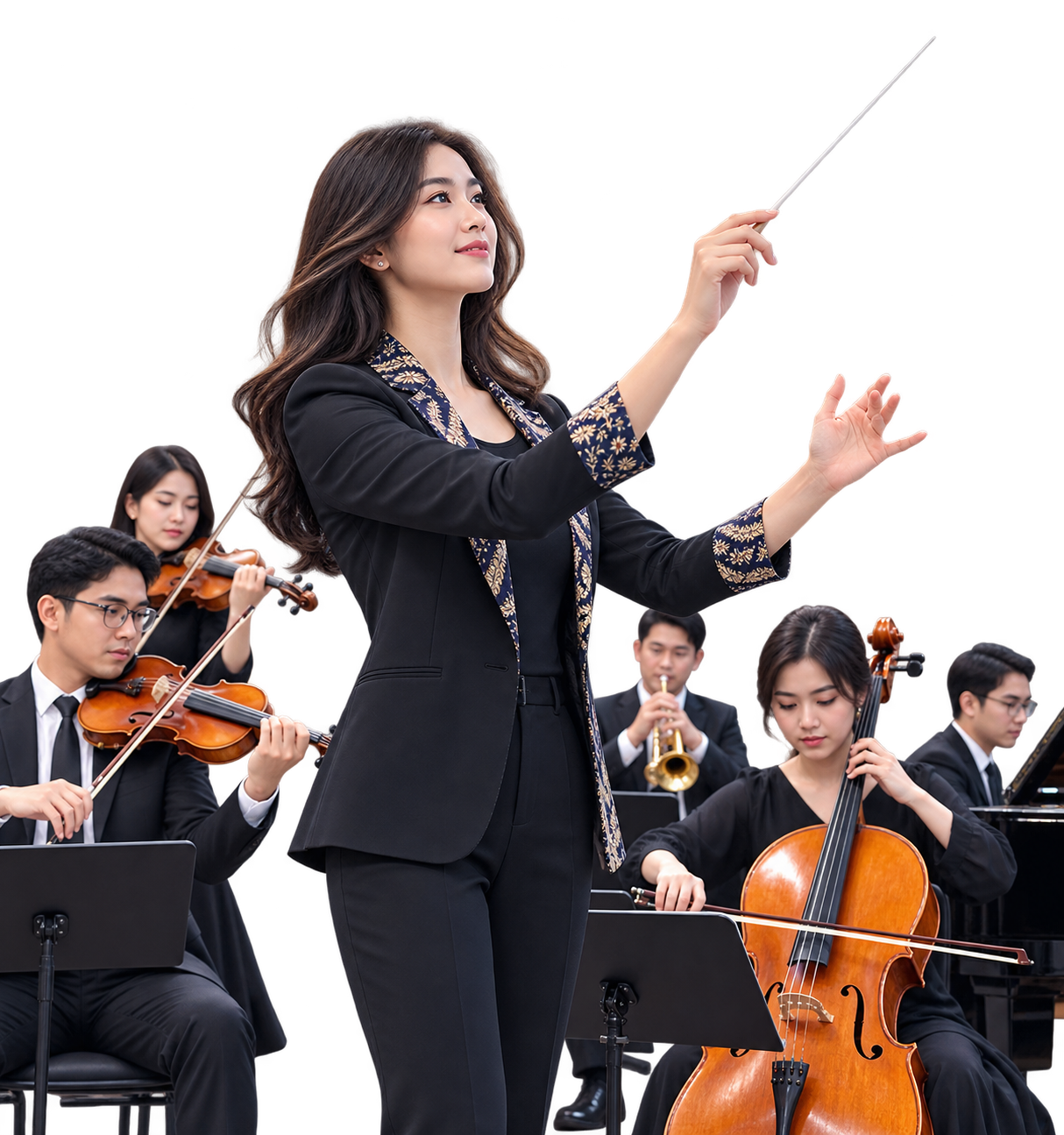Seorang konduktor perempuan memimpin orkestra dengan percaya diri, melambangkan kendali dan presisi.